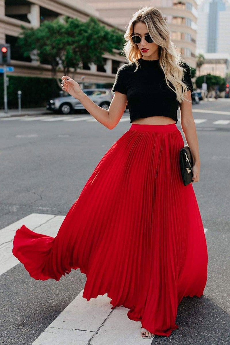 ebossy Women's High Waist Flowy Pleated Chiffon Maxi Skirt (Large, Red) - Image 5